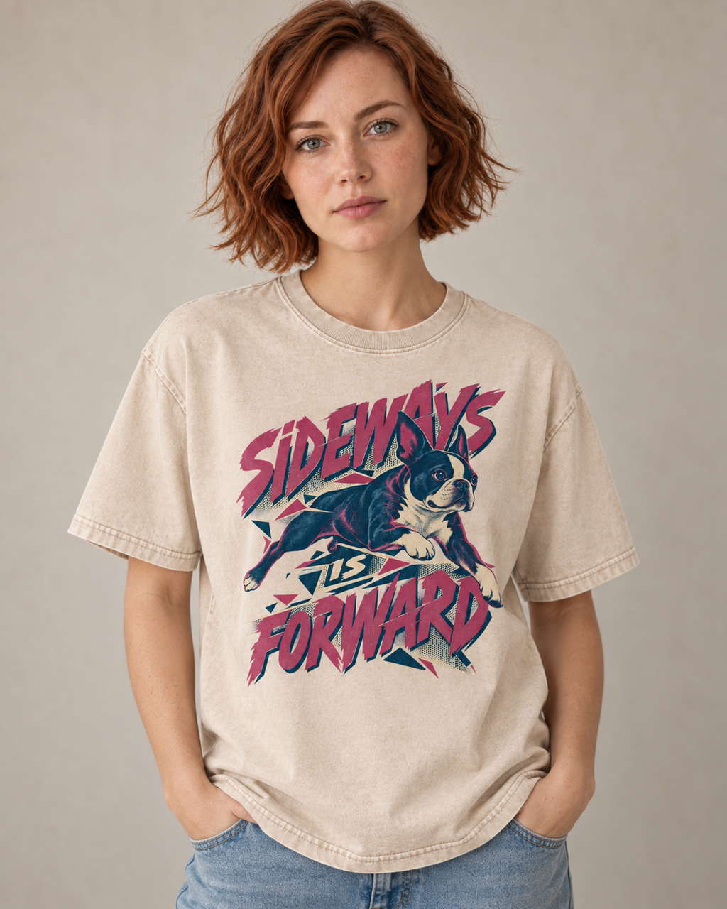 Adult model wears Apricot Boston Terrier Sideways Is Forward washed T-shirt in a warm studio portrait