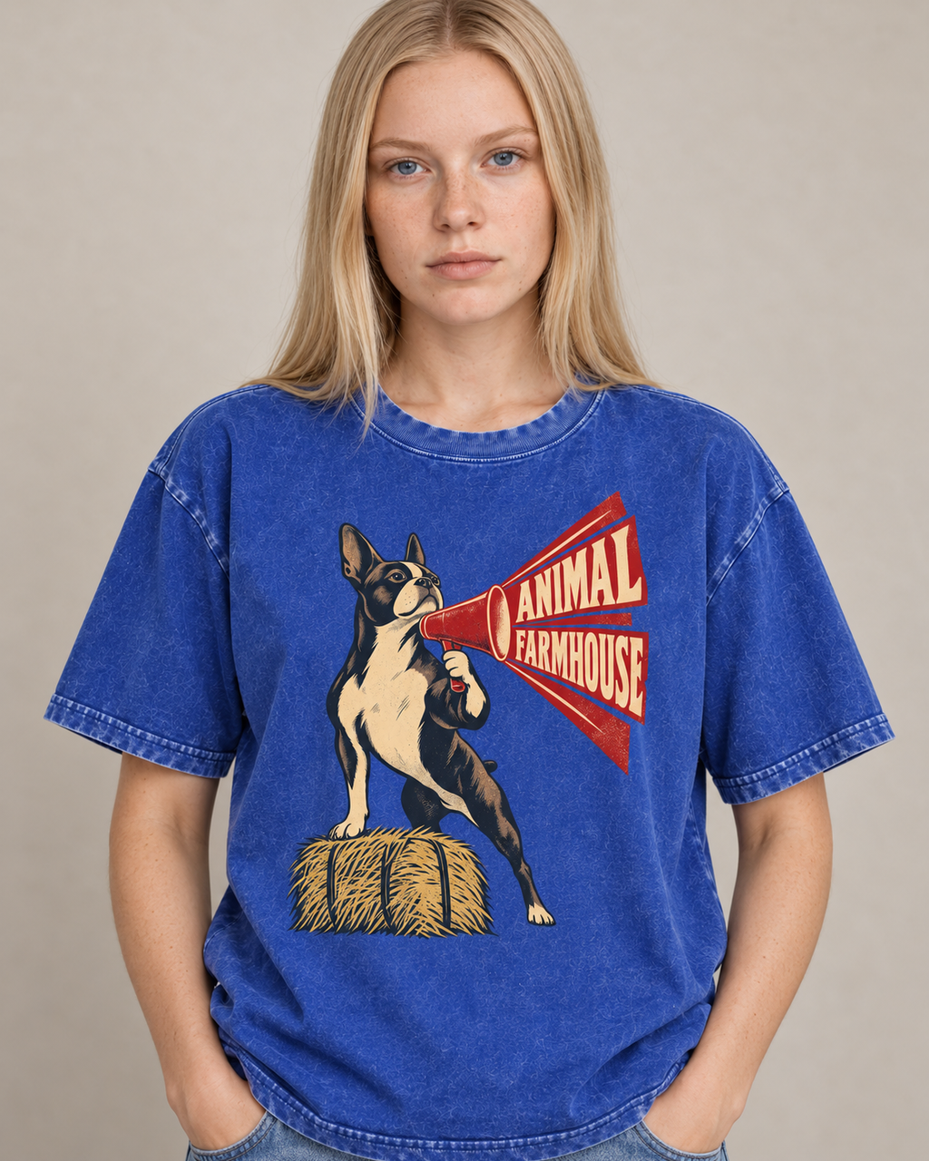 Adult model wears Royal Blue Boston Terrier Animal Farmhouse washed T-shirt in a warm studio portrait