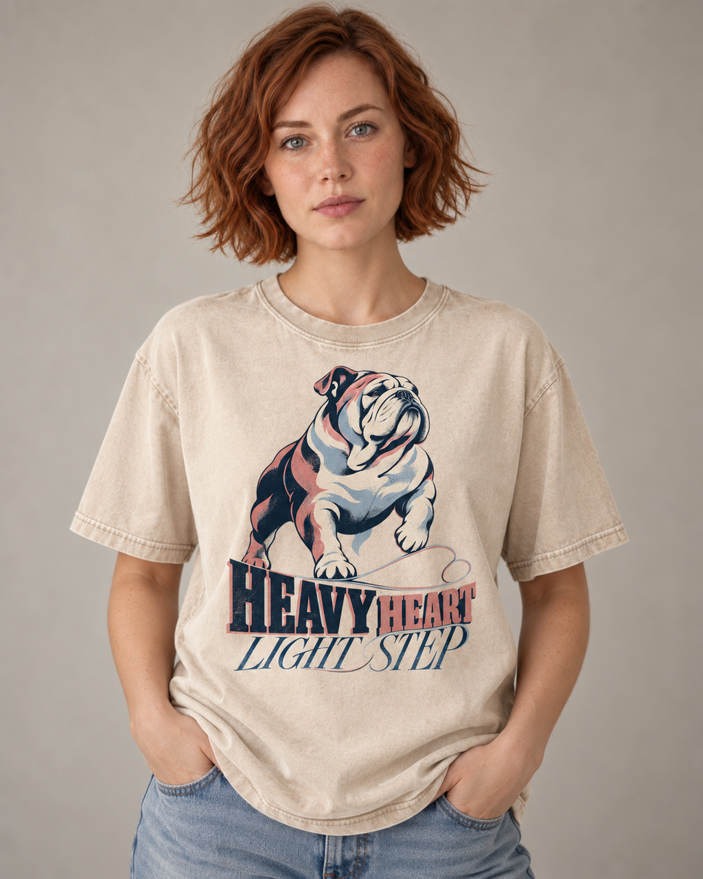 Adult model wears Apricot English Bulldog Heavy Heart Light Step Running washed T-shirt in a warm studio portrait