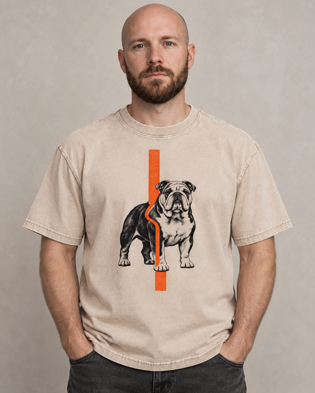 Adult model wears Apricot English Bulldog Orange Offset Line washed T-shirt in a warm studio portrait