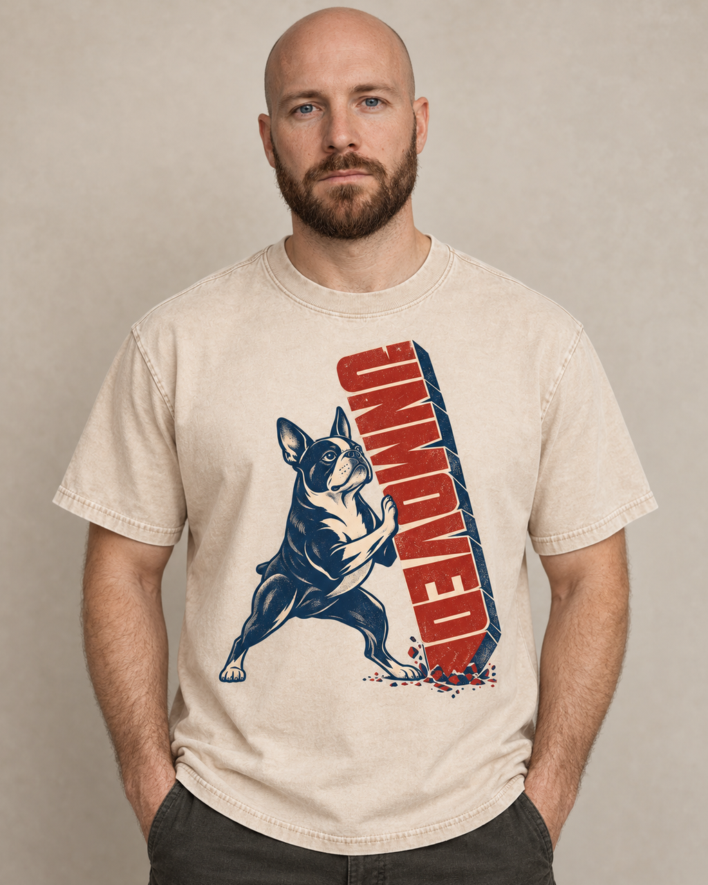 Adult model wears Apricot Boston Terrier Get Moving washed T-shirt in a warm studio portrait