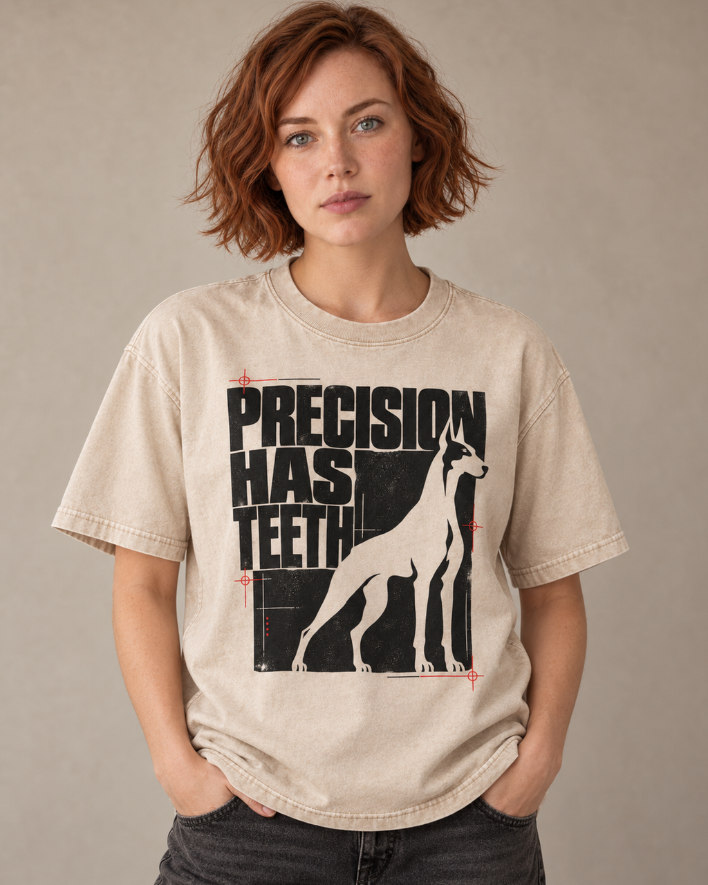 Adult model wears Apricot Doberman Precision Has Teeth washed T-shirt in a warm studio portrait