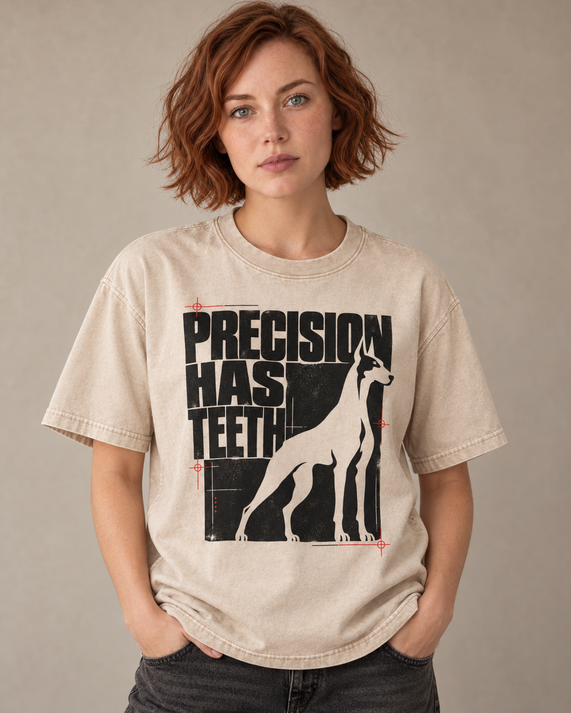 Adult model wears Apricot Doberman Precision Has Teeth washed T-shirt in a warm studio portrait