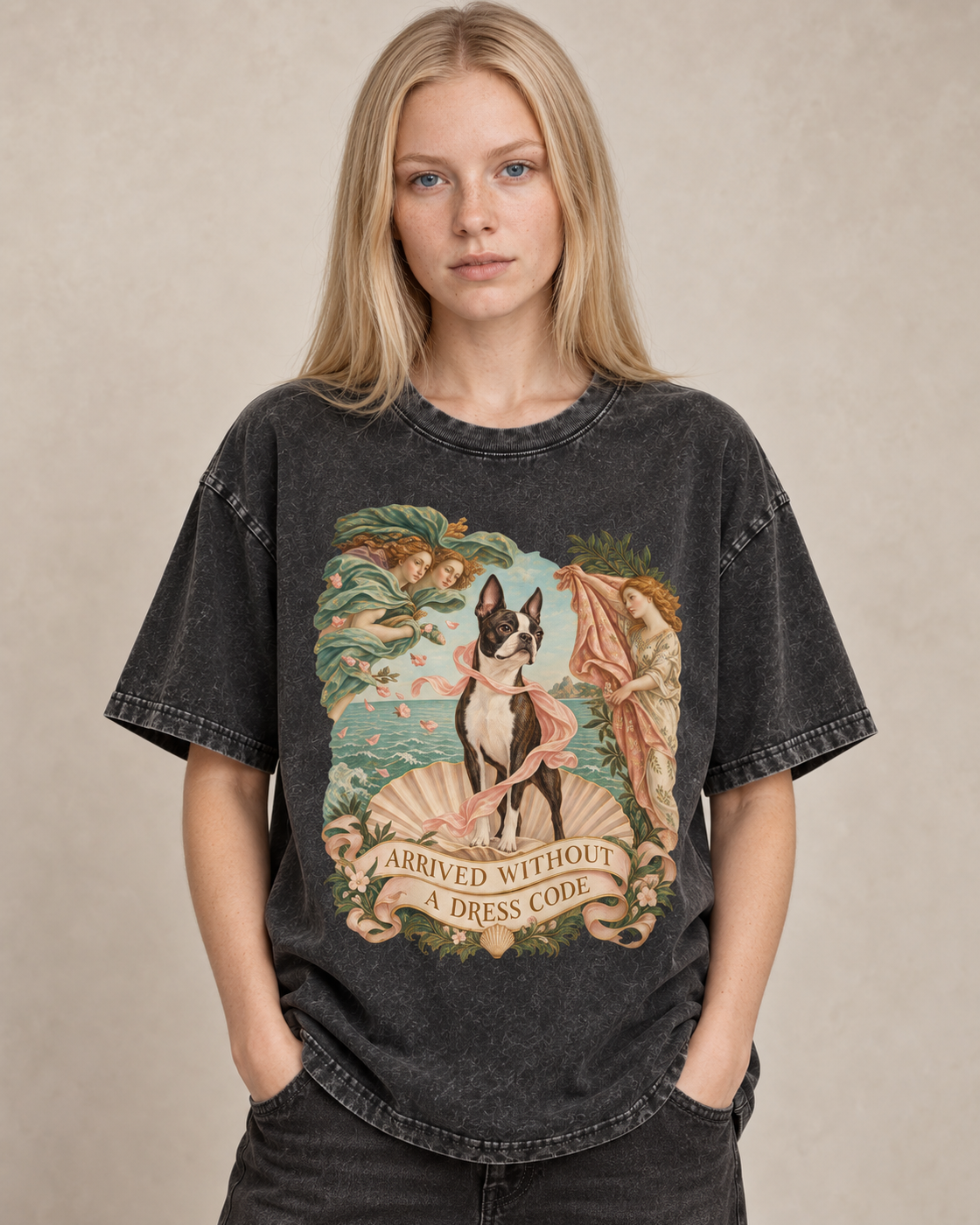Adult model wears Black Boston Terrier Arrived Without a Dress Code Venus Parody washed T-shirt in a warm studio portrait
