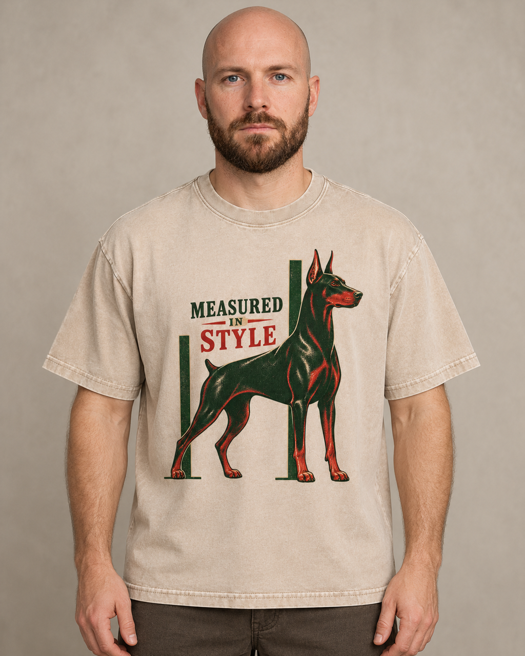 Adult model wears Apricot Doberman Measured in Style Column washed T-shirt in a warm studio portrait