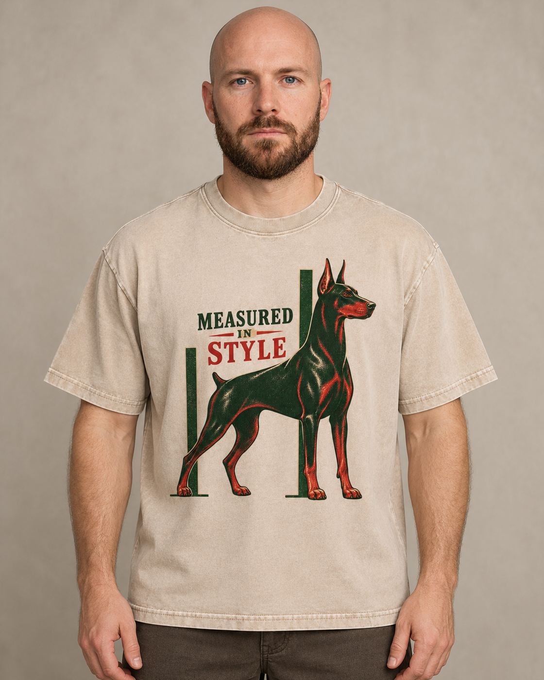 Adult model wears Apricot Doberman Measured in Style Column washed T-shirt in a warm studio portrait