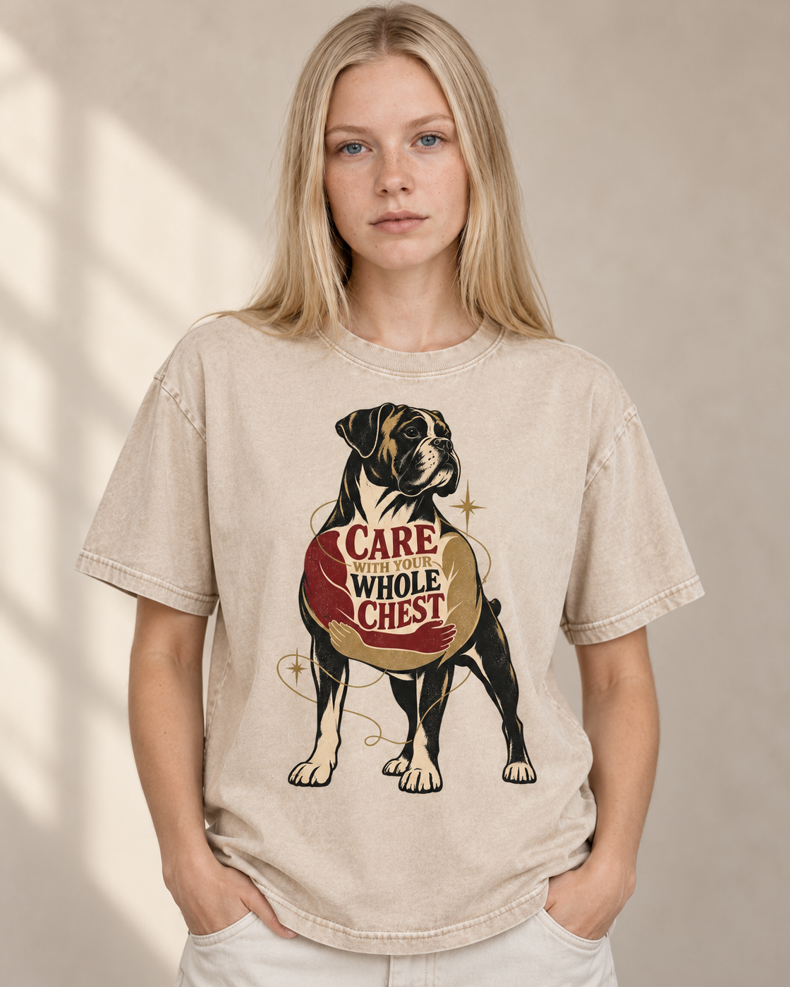 Adult model wears Apricot Boxer Care With Your Whole Chest washed T-shirt in a warm studio portrait