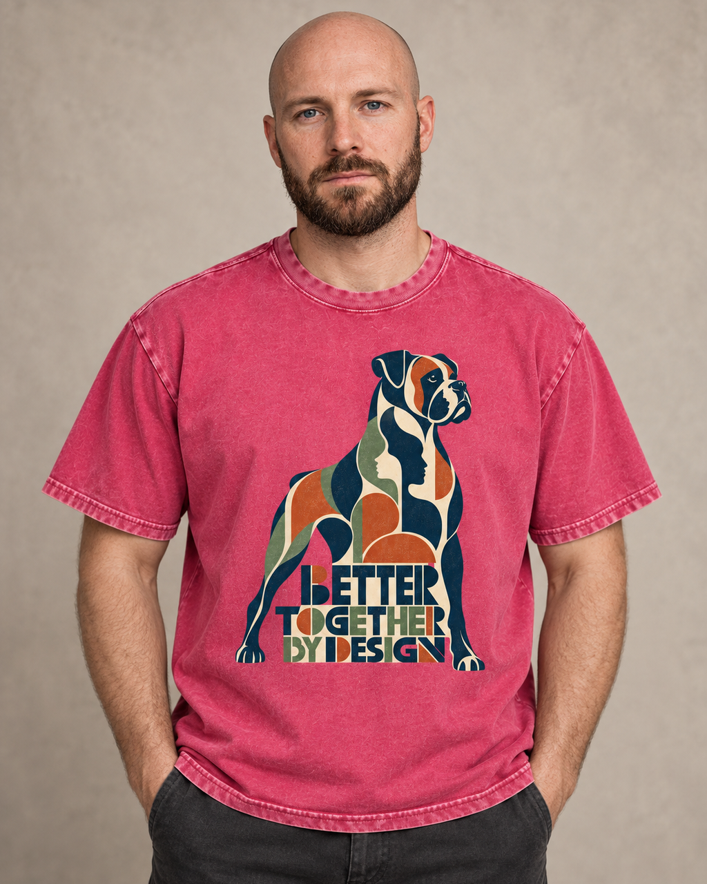 Adult model wears Fuchsia Boxer Better Together By Design Geometric Mosaic washed T-shirt in a warm studio portrait