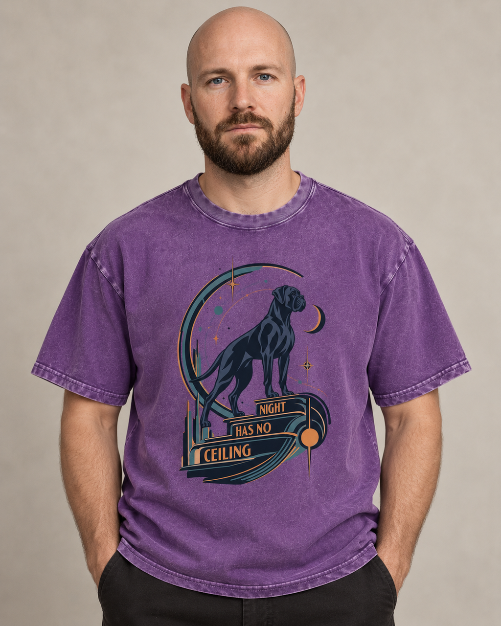 Adult model wears Purple Boxer Night Has No Ceiling Cosmic washed T-shirt in a warm studio portrait