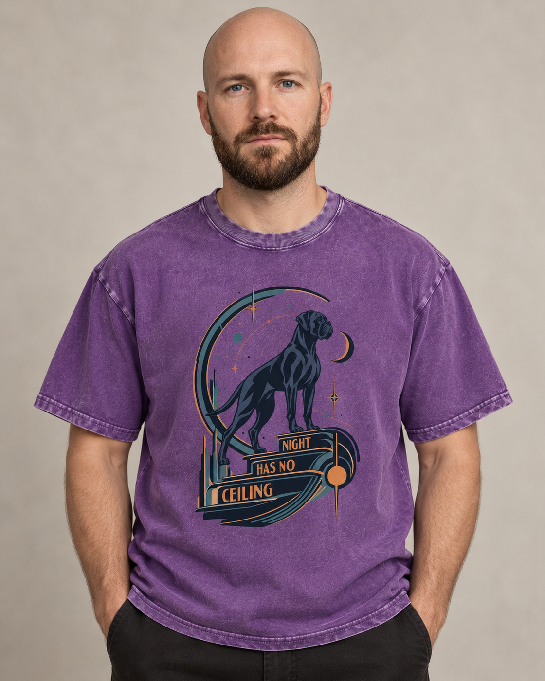 Adult model wears Purple Boxer Night Has No Ceiling Cosmic washed T-shirt in a warm studio portrait
