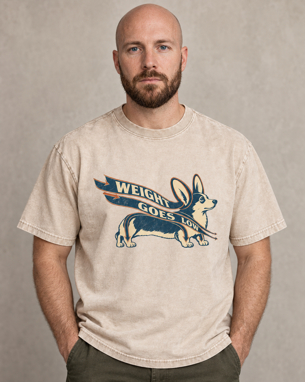 Adult model wears Apricot Corgi Weight Goes Low Ribbon Arrow washed T-shirt in a warm studio portrait