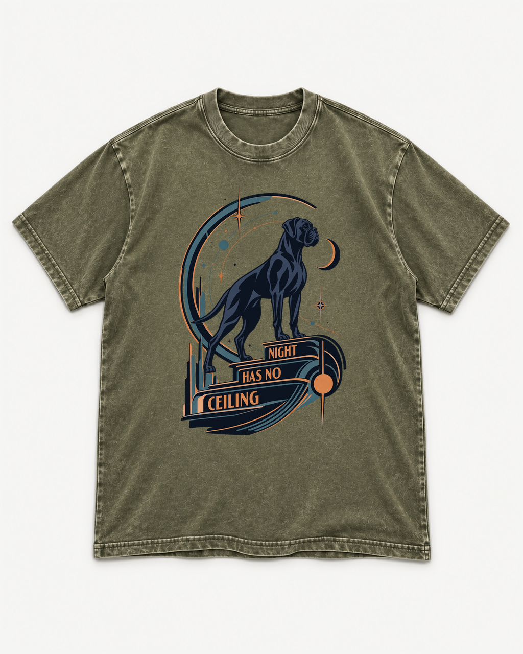 Army Green washed T-shirt with Boxer Night Has No Ceiling Cosmic front artwork