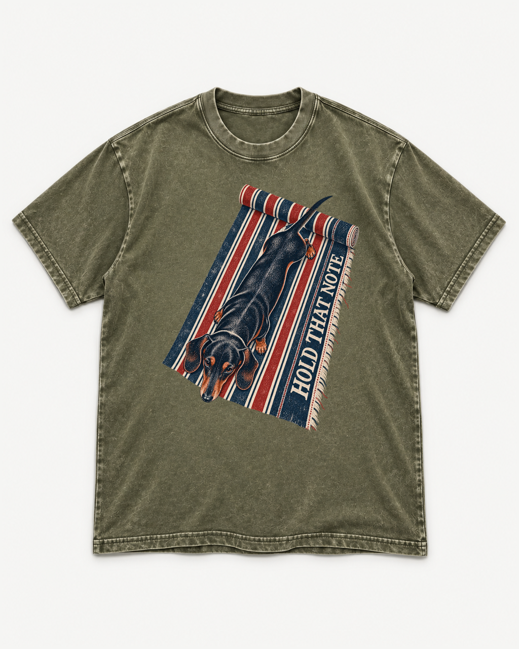 Army Green washed T-shirt with Dachshund Hold That Note Striped Rug front artwork