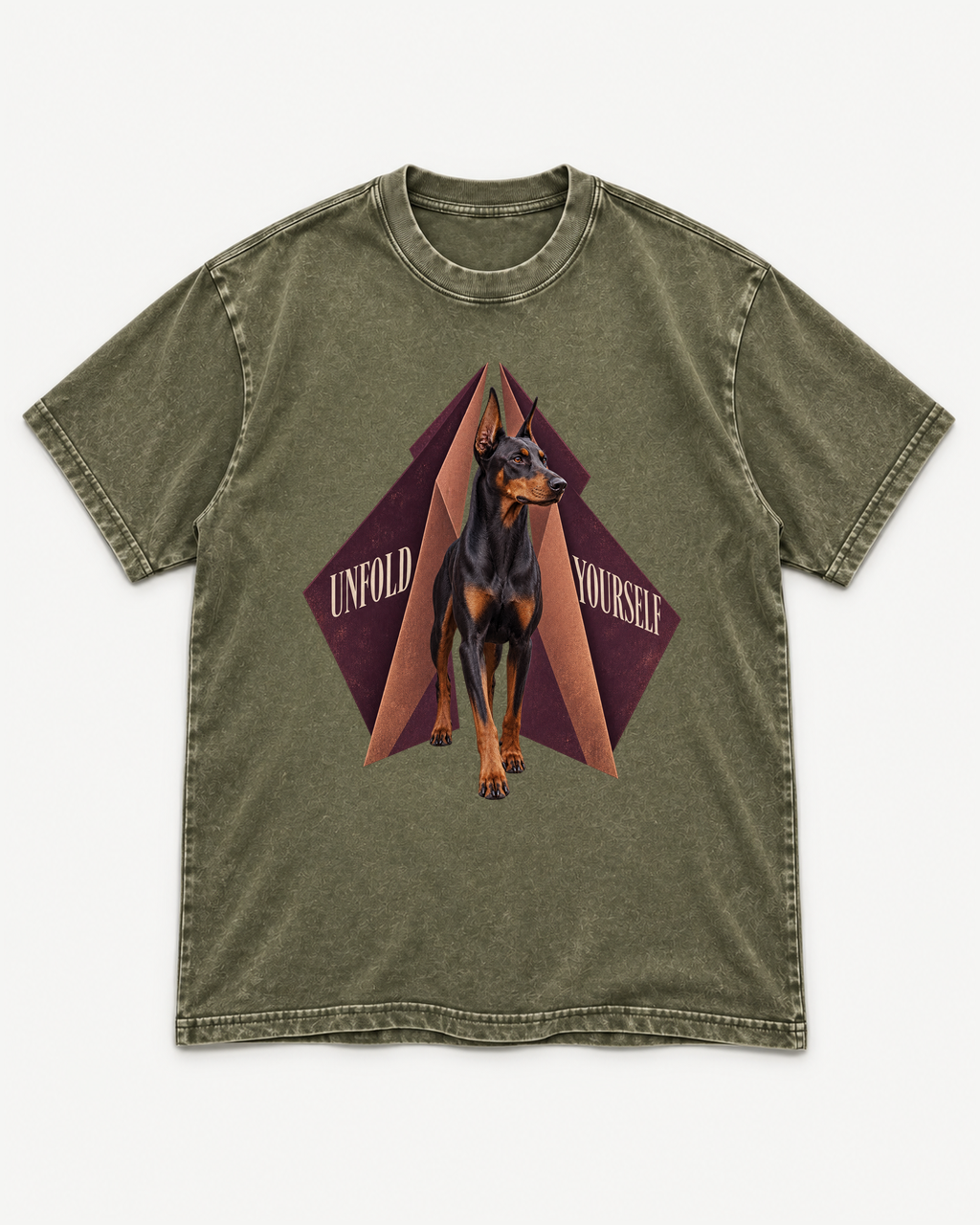 Army Green washed T-shirt with Doberman Unfold Yourself Geometric Portrait front artwork