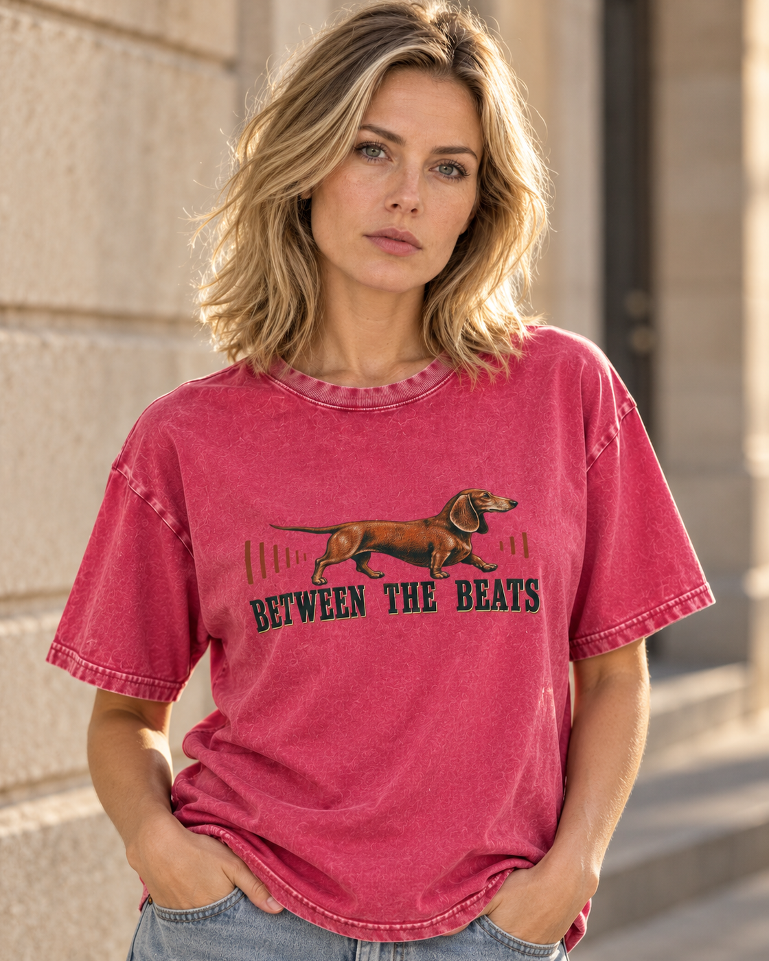 Adult model wears Fuchsia Dachshund Between The Beats Audio Wave washed T-shirt in a three-quarter street portrait