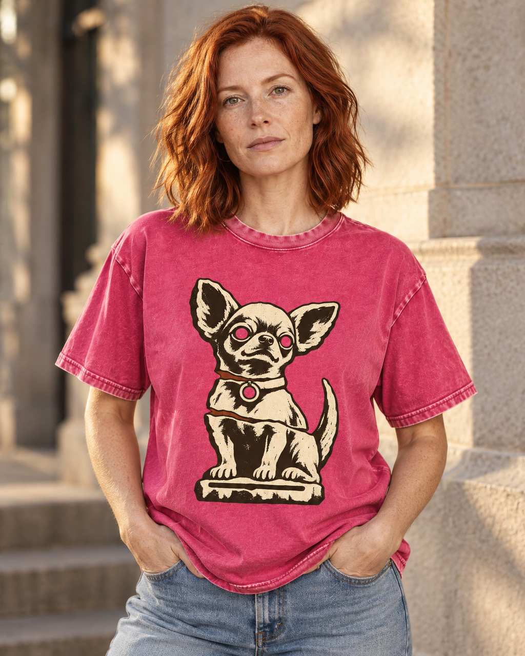 Adult model wears Fuchsia Chihuahua Woodcut Relic Statue washed T-shirt in a three-quarter street portrait
