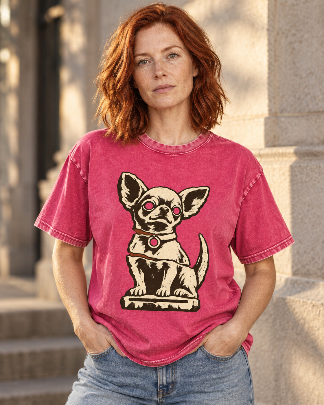 Adult model wears Fuchsia Chihuahua Woodcut Relic Statue washed T-shirt in a three-quarter street portrait