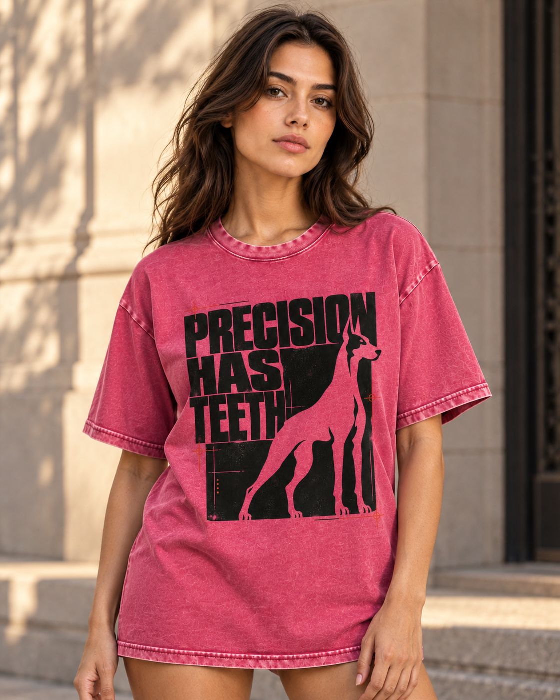 Adult model wears Fuchsia Doberman Precision Has Teeth washed T-shirt in a three-quarter street portrait