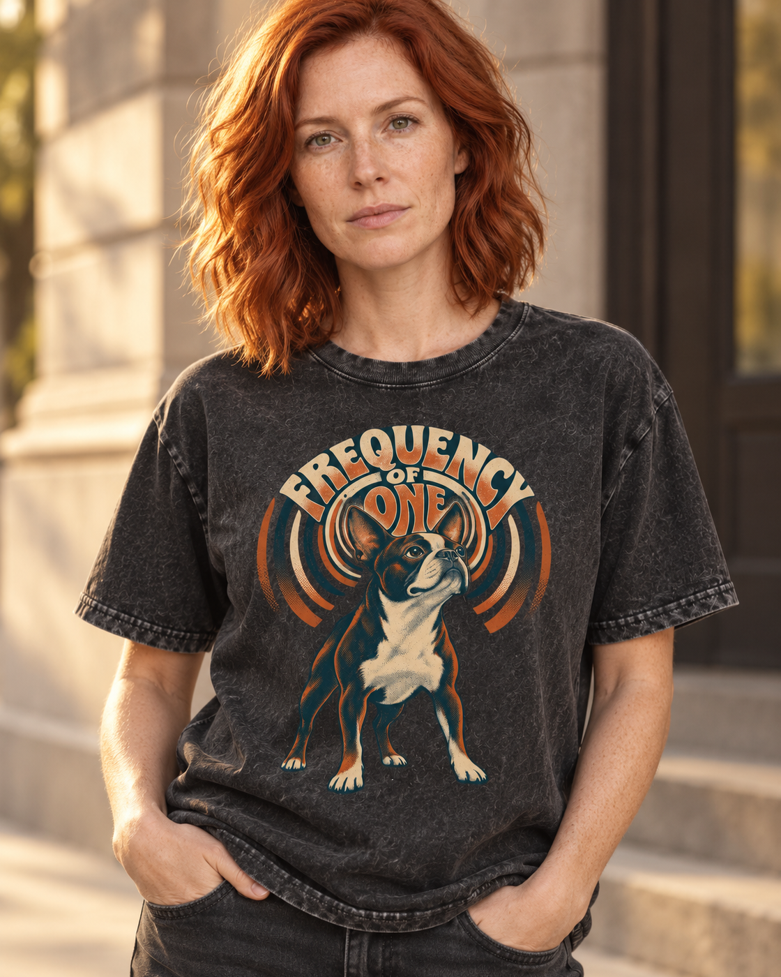 Adult model wears Black Boston Terrier Frequency of One washed T-shirt in a three-quarter street portrait