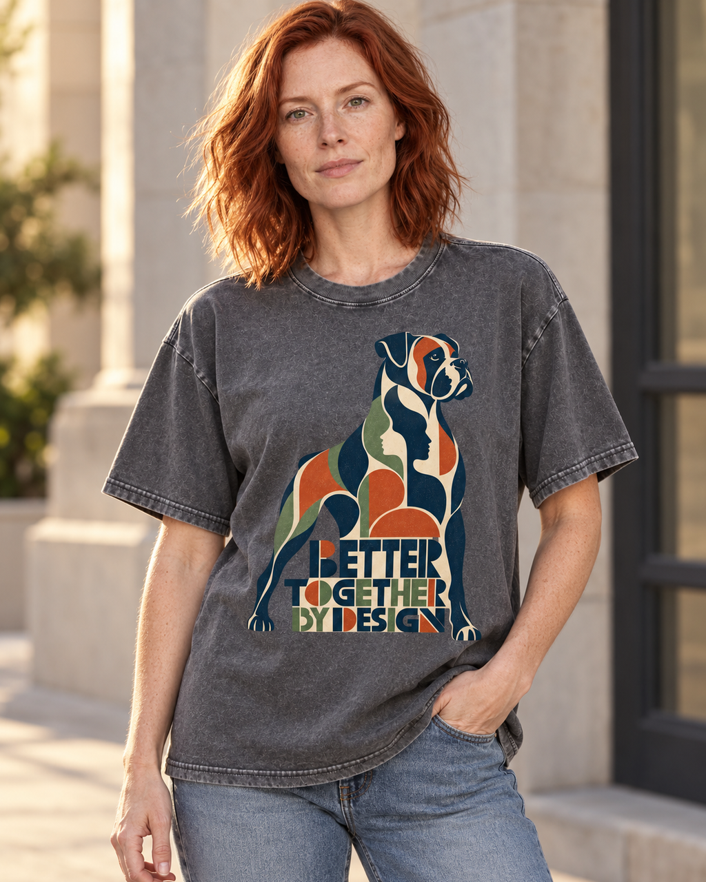 Adult model wears Gray Boxer Better Together By Design Geometric Mosaic washed T-shirt in a three-quarter street portrait
