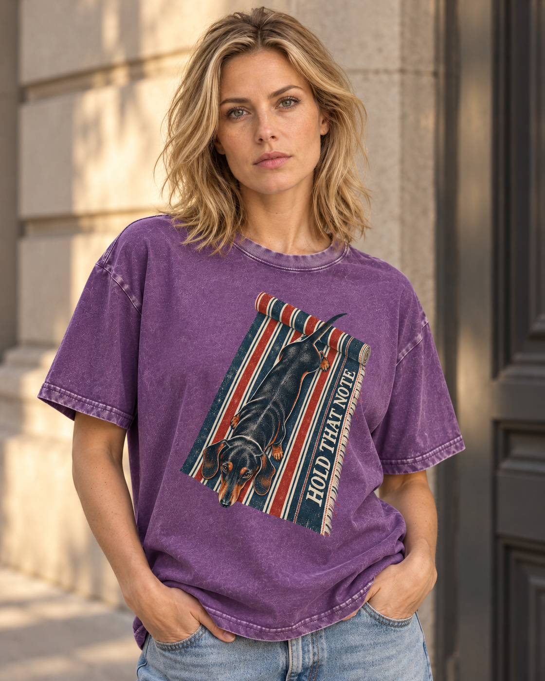Adult model wears Purple Dachshund Hold That Note Striped Rug washed T-shirt in a three-quarter street portrait