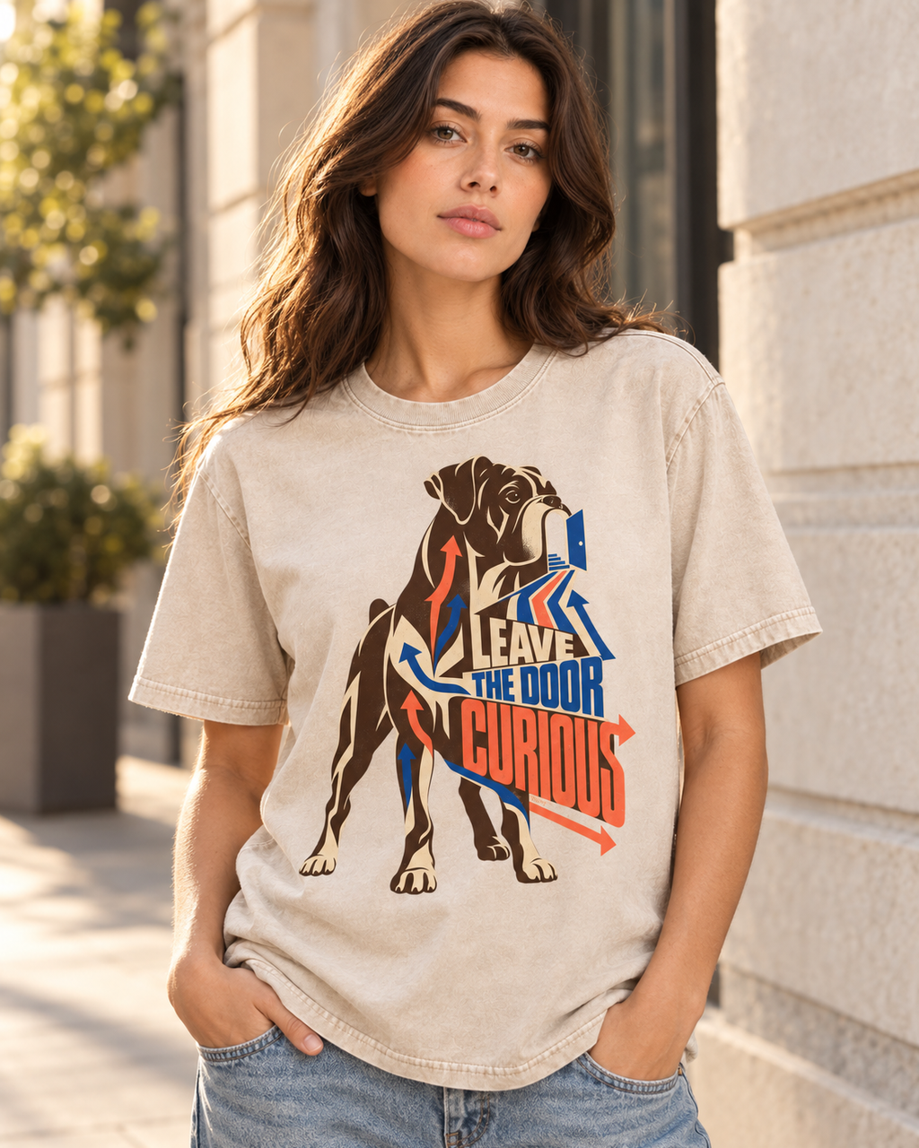 Adult model wears Apricot Boxer Leave the Door Curious Doorway Arrow washed T-shirt in a three-quarter street portrait