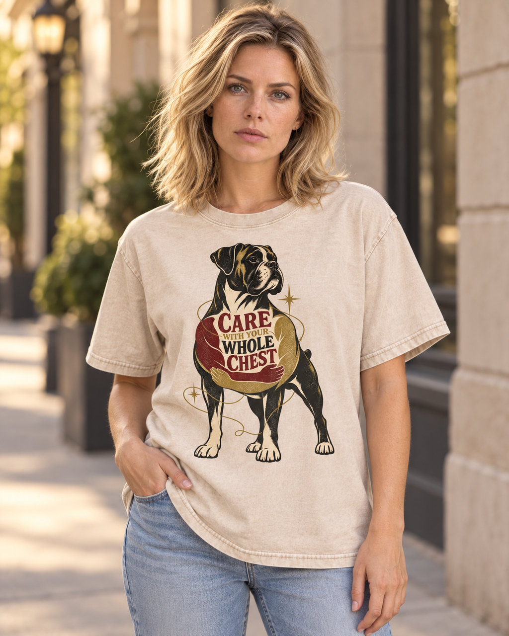 Adult model wears Apricot Boxer Care With Your Whole Chest washed T-shirt in a three-quarter street portrait