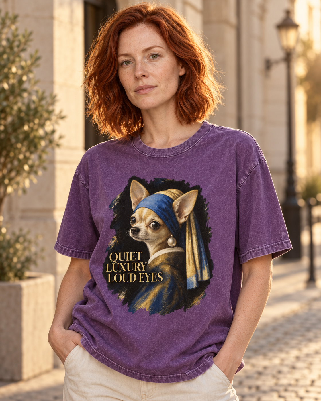 Adult model wears Purple Chihuahua Quiet Luxury Loud Eyes Pearl Earring Portrait washed T-shirt in a three-quarter street po