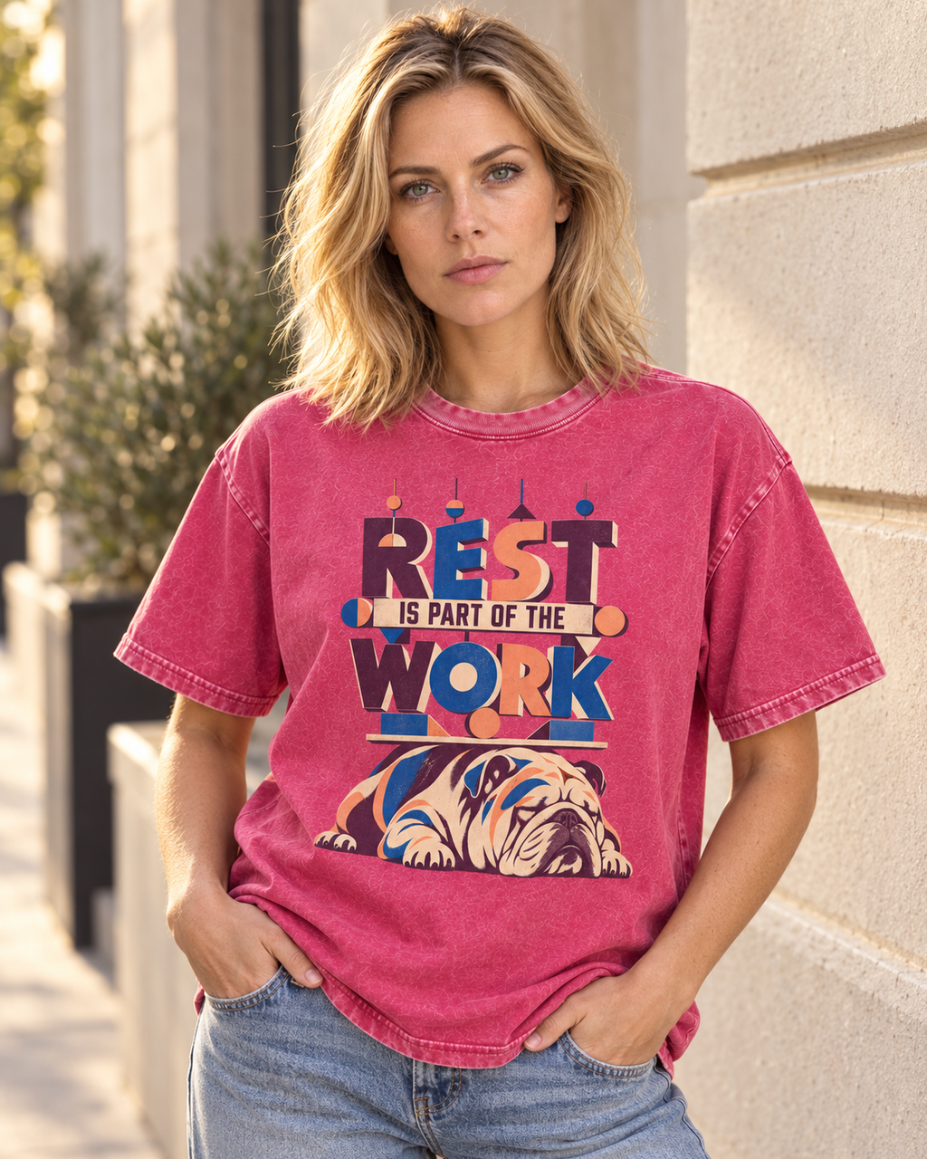 Adult model wears Fuchsia English Bulldog Rest Is Part of the Work Geometric washed T-shirt in a three-quarter street portra