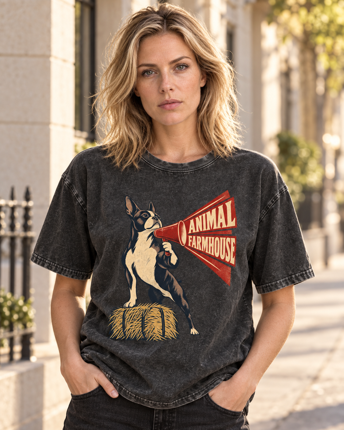 Adult model wears Black Boston Terrier Animal Farmhouse washed T-shirt in a three-quarter street portrait
