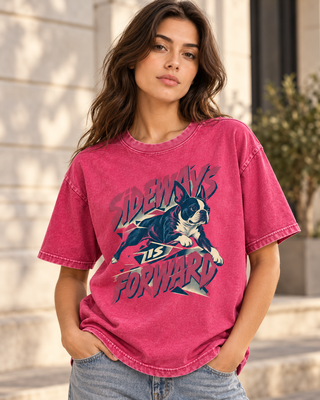 Adult model wears Fuchsia Boston Terrier Sideways Is Forward washed T-shirt in a three-quarter street portrait