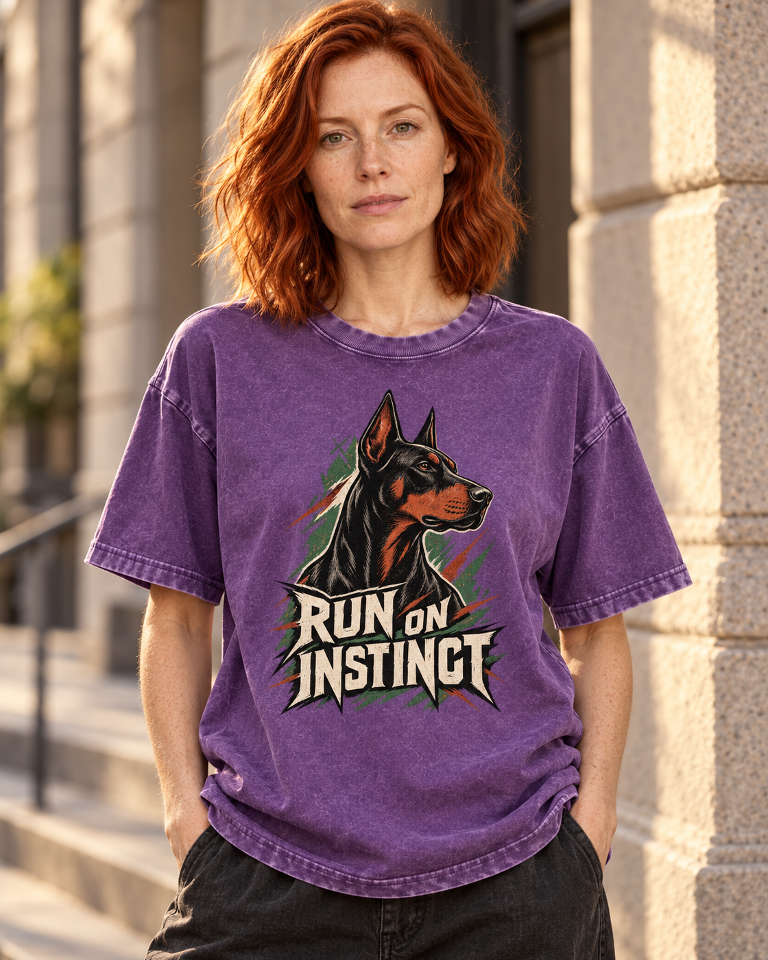Adult model wears Purple Doberman Run on Instinct Brush Slash washed T-shirt in a three-quarter street portrait