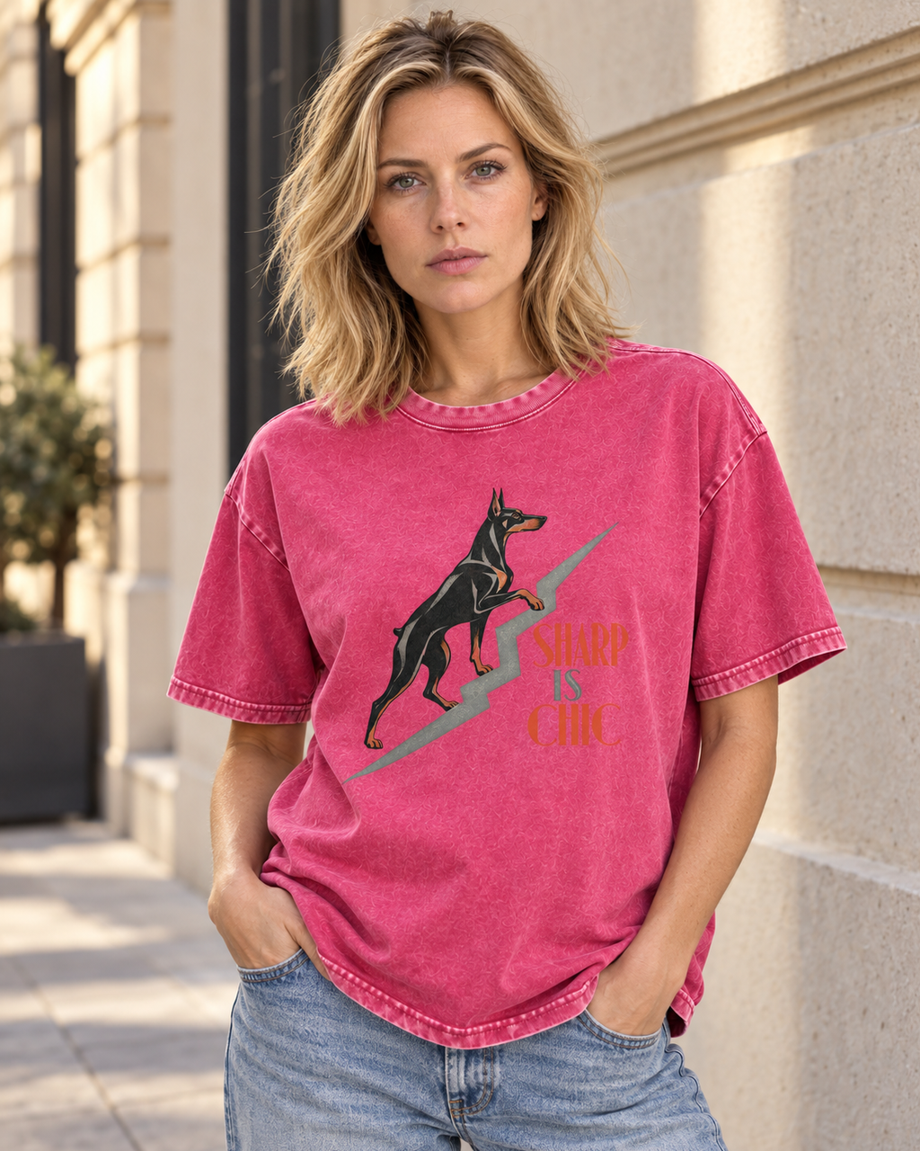 Adult model wears Fuchsia Doberman Sharp Is Chic Stairway washed T-shirt in a three-quarter street portrait