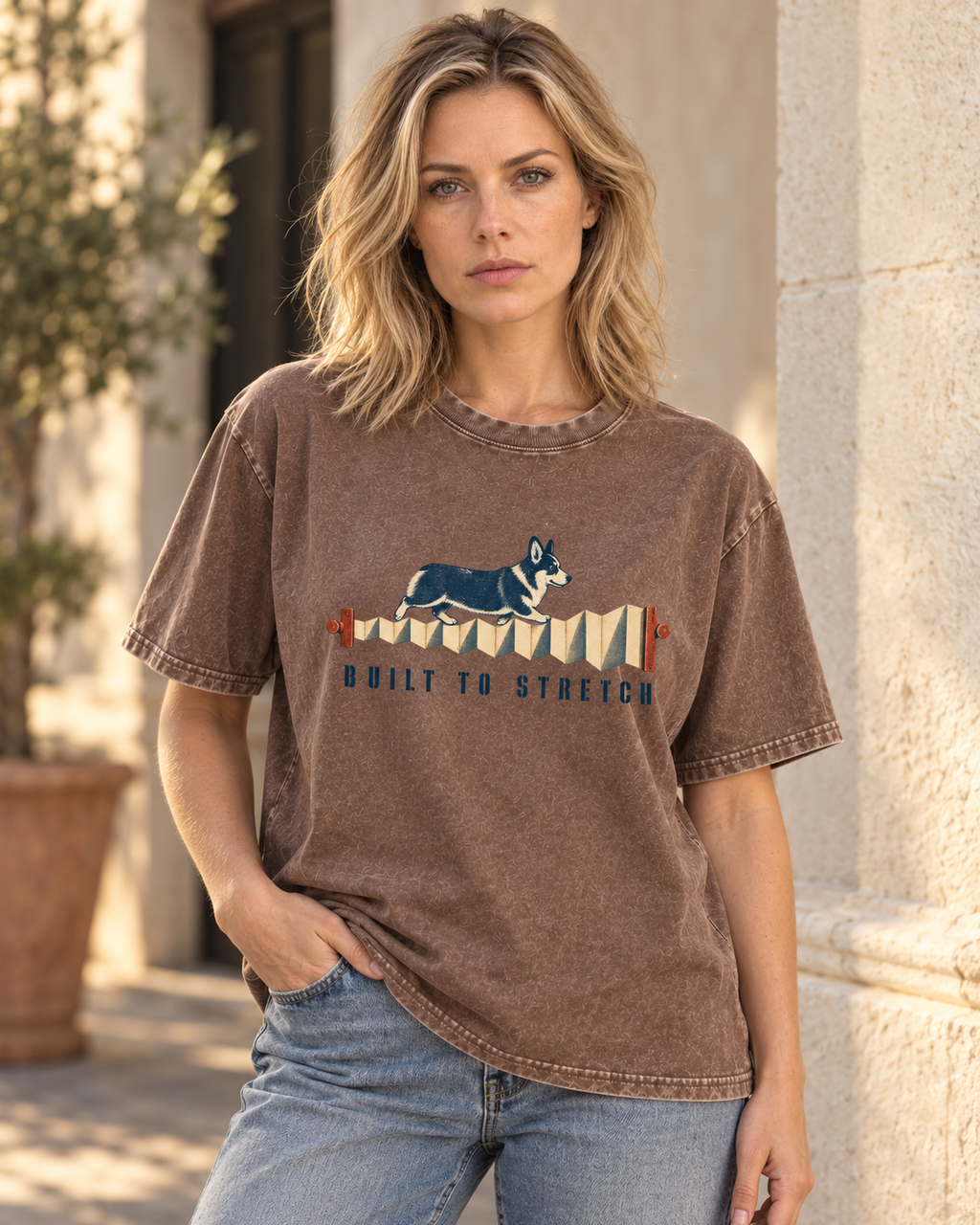 Adult model wears Coffee Corgi Built to Stretch Accordion washed T-shirt in a three-quarter street portrait