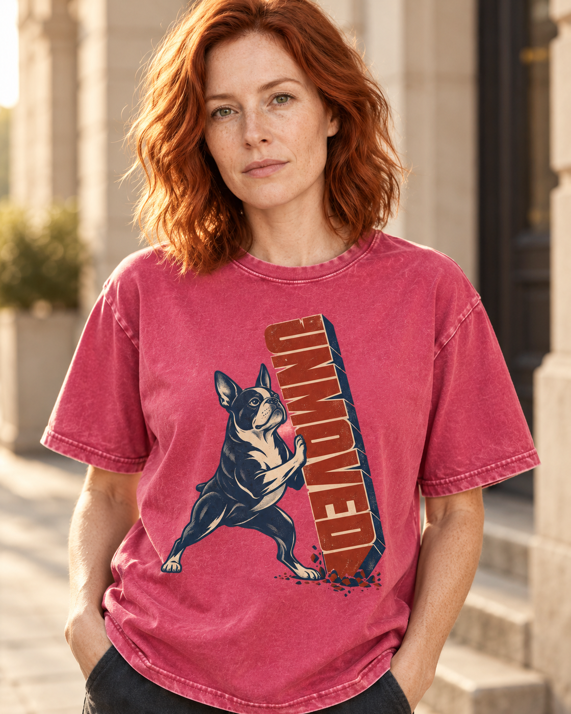 Adult model wears Fuchsia Boston Terrier Get Moving washed T-shirt in a three-quarter street portrait