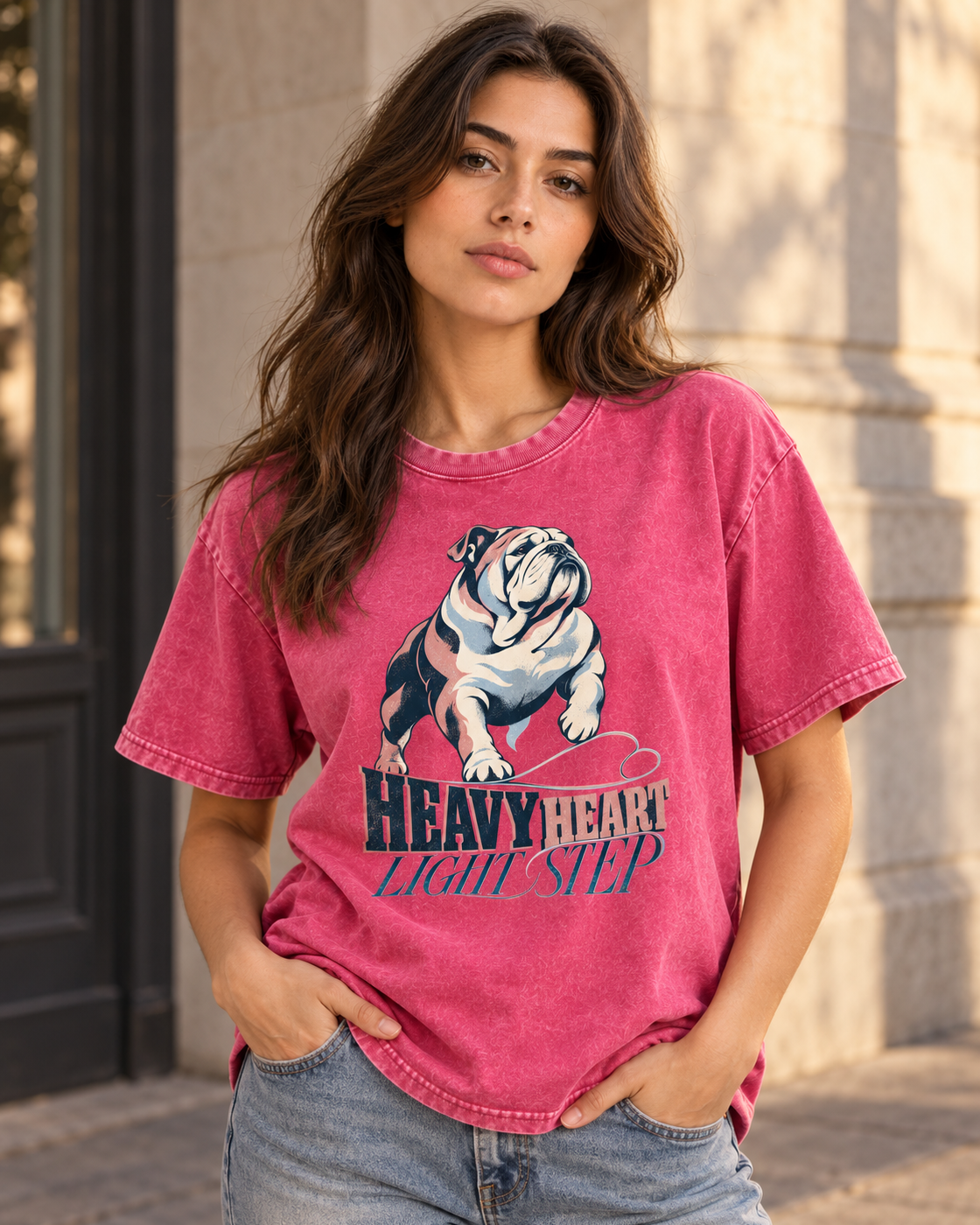 Adult model wears Fuchsia English Bulldog Heavy Heart Light Step Running washed T-shirt in a three-quarter street portrait