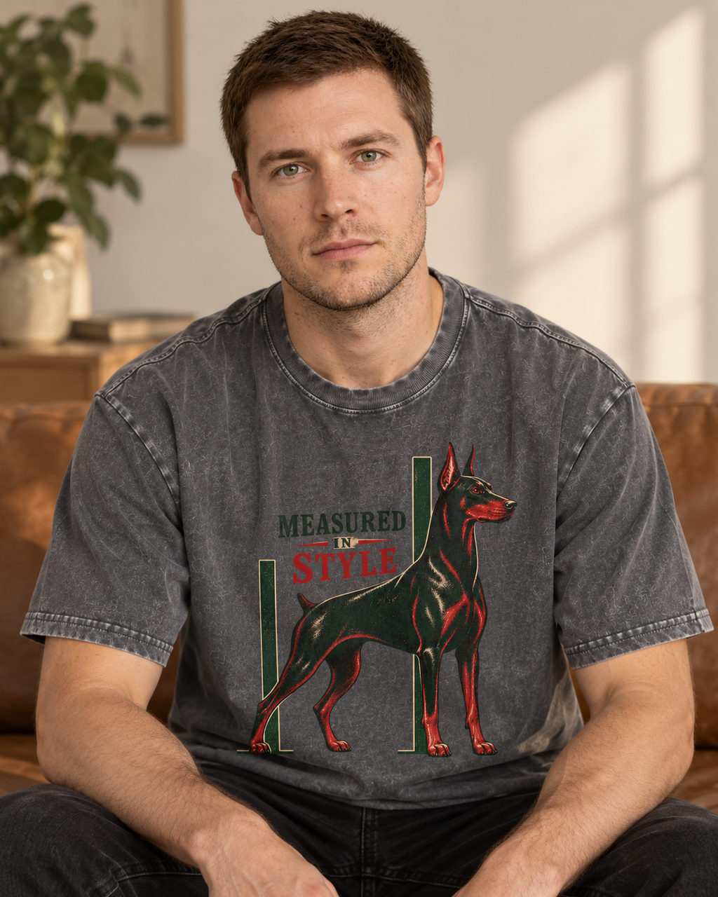 Adult model wears Gray Doberman Measured in Style Column washed T-shirt in a seated indoor portrait
