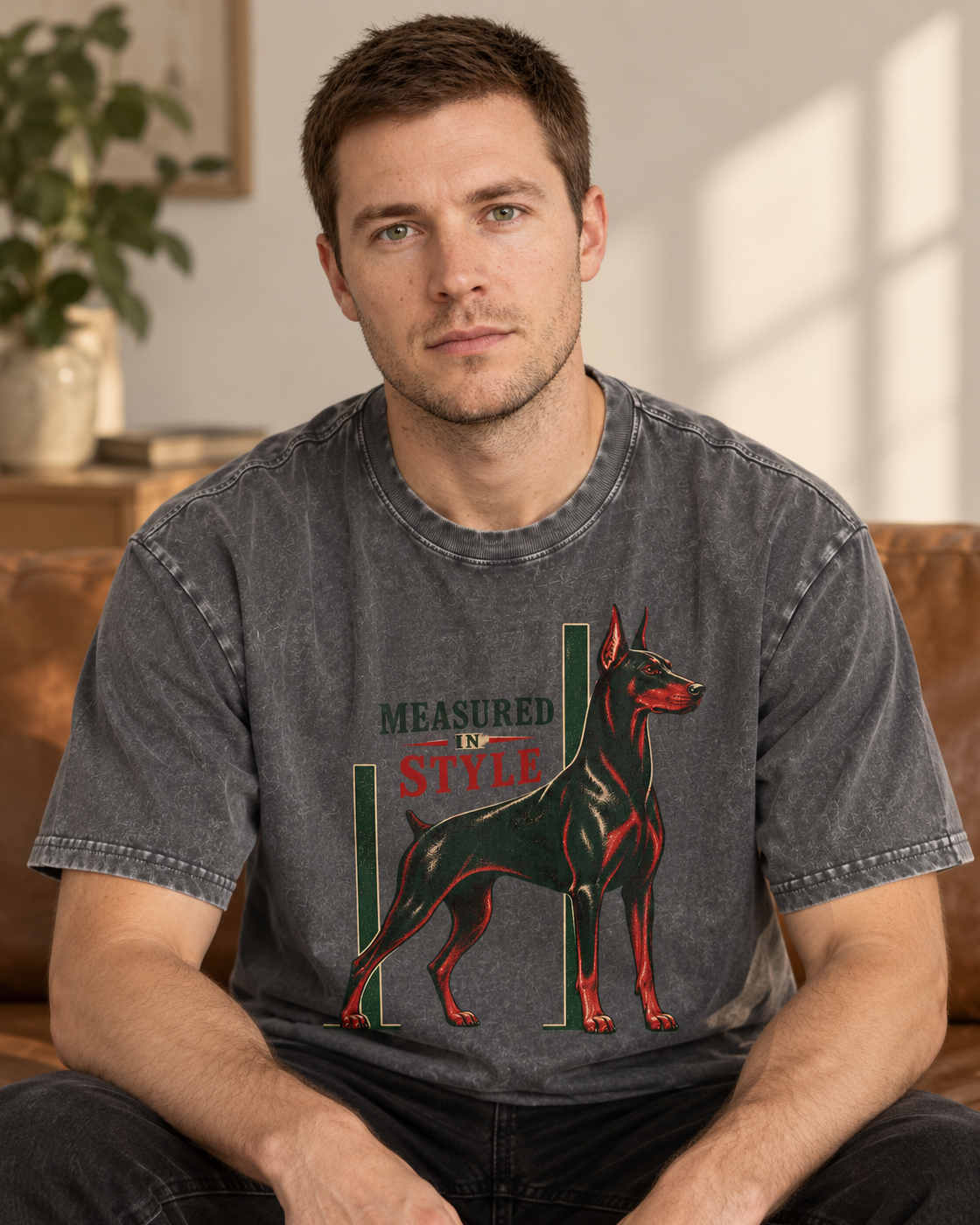 Adult model wears Gray Doberman Measured in Style Column washed T-shirt in a seated indoor portrait