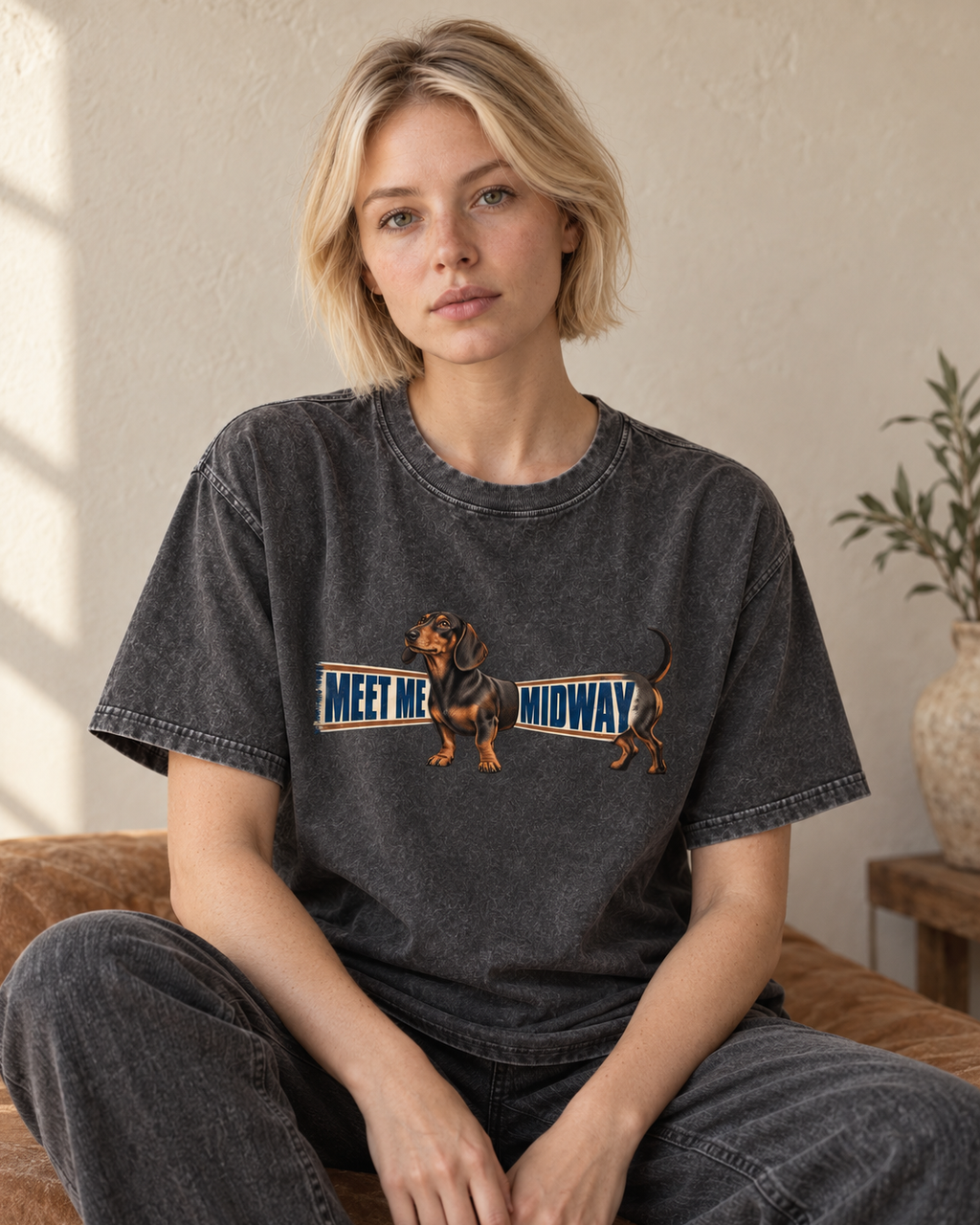 Adult model wears Gray Dachshund Meet Me Midway Banner washed T-shirt in a seated indoor portrait