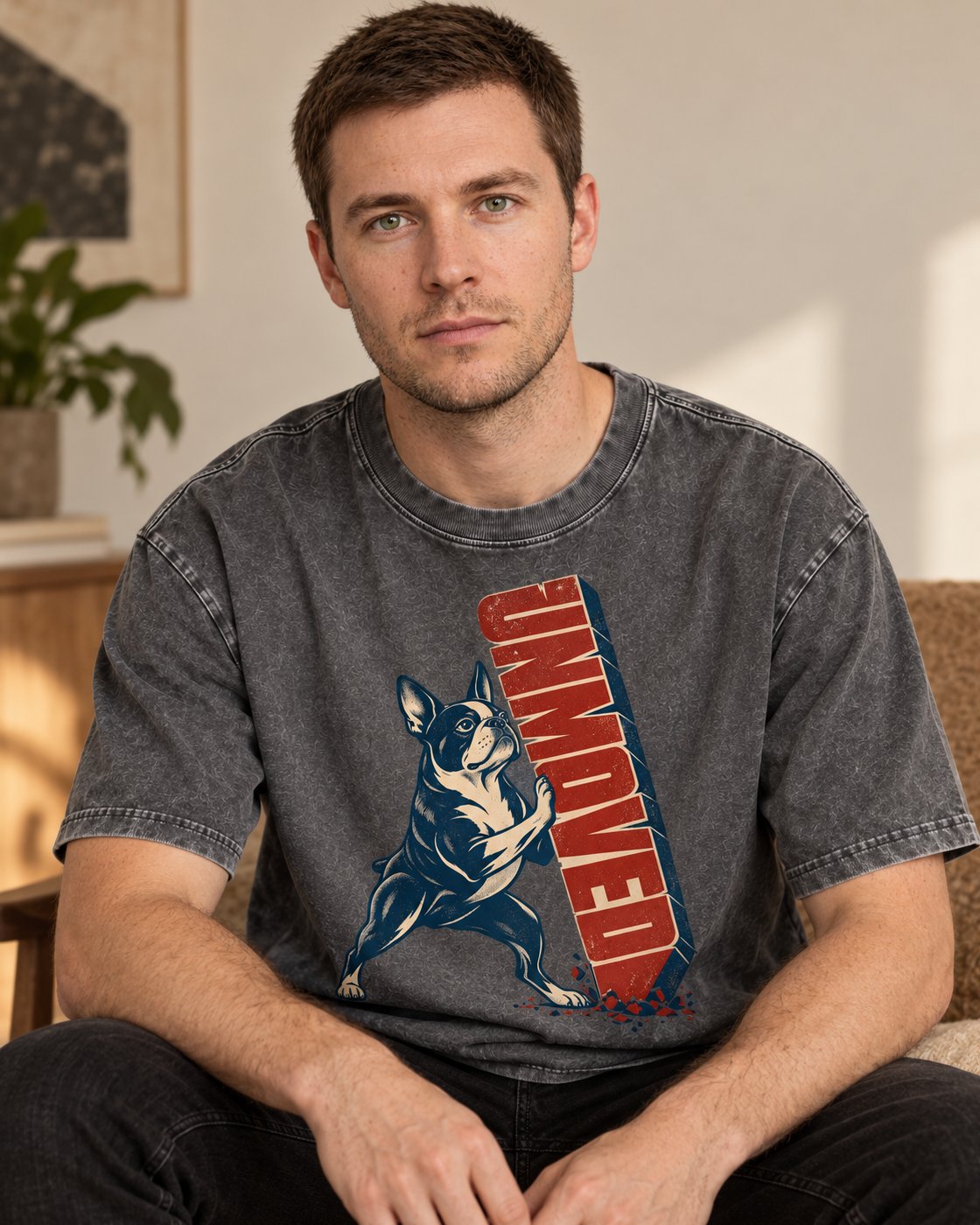 Adult model wears Gray Boston Terrier Get Moving washed T-shirt in a seated indoor portrait