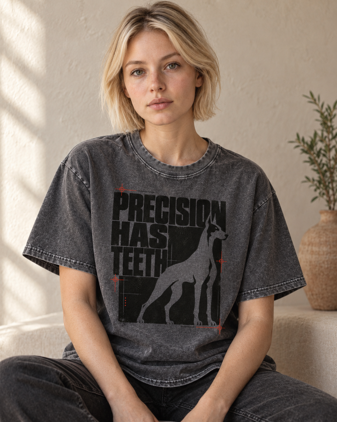 Adult model wears Gray Doberman Precision Has Teeth washed T-shirt in a seated indoor portrait