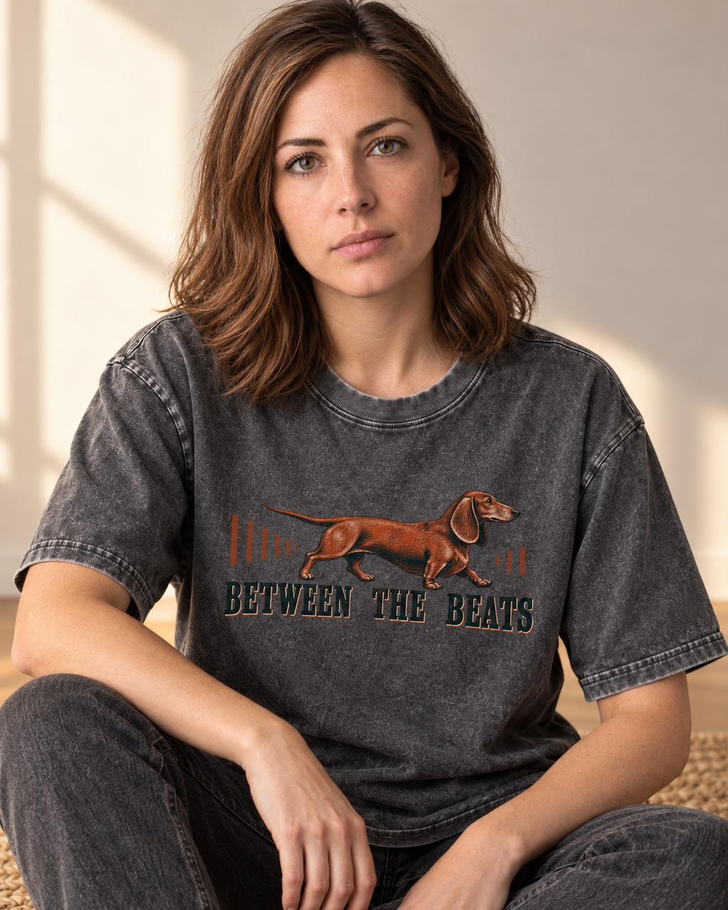 Adult model wears Gray Dachshund Between The Beats Audio Wave washed T-shirt in a seated indoor portrait