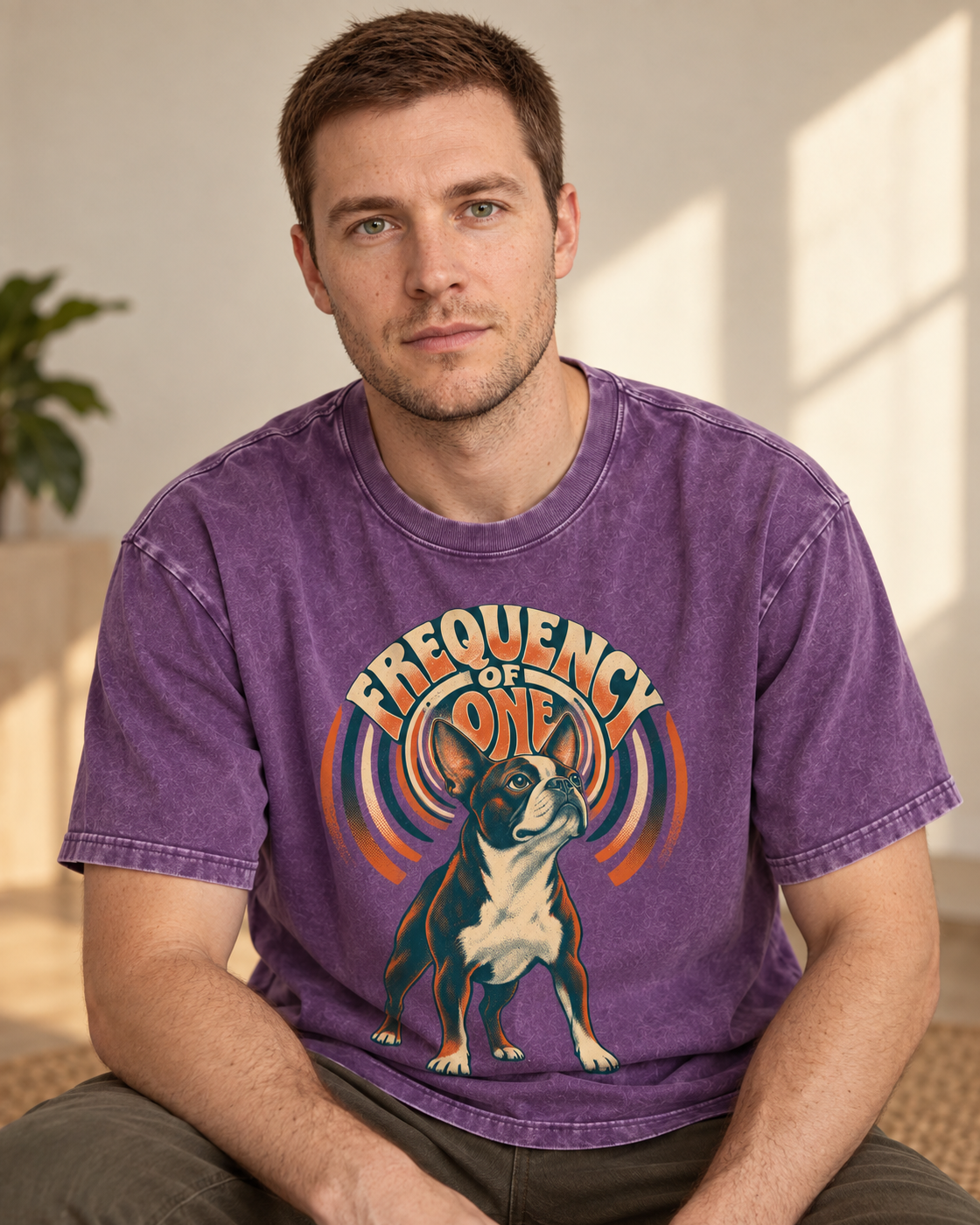 Adult model wears Purple Boston Terrier Frequency of One washed T-shirt in a seated indoor portrait
