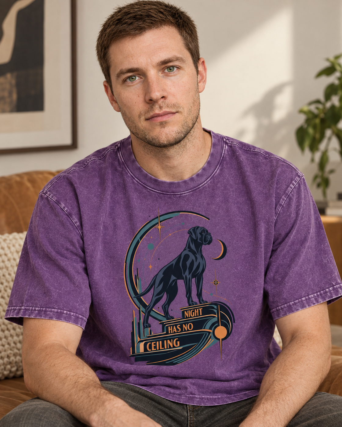 Adult model wears Purple Boxer Night Has No Ceiling Cosmic washed T-shirt in a seated indoor portrait