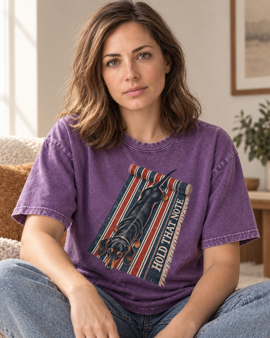 Adult model wears Purple Dachshund Hold That Note Striped Rug washed T-shirt in a seated indoor portrait