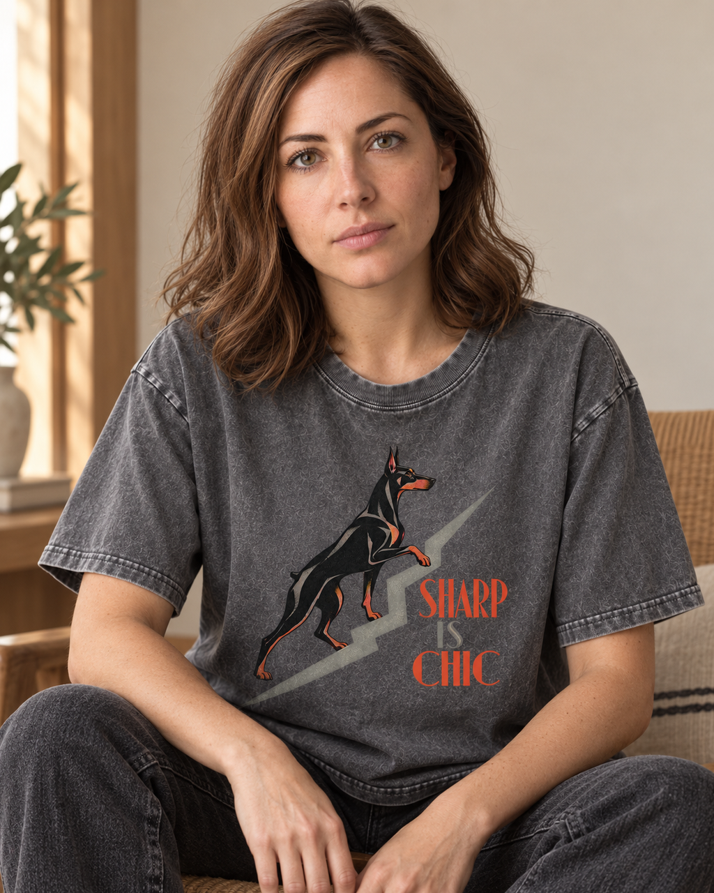 Adult model wears Gray Doberman Sharp Is Chic Stairway washed T-shirt in a seated indoor portrait
