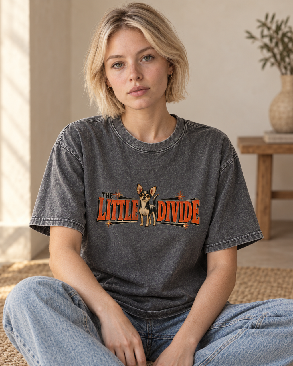 Adult model wears Gray Chihuahua The Little Divide Retro Sign washed T-shirt in a seated indoor portrait