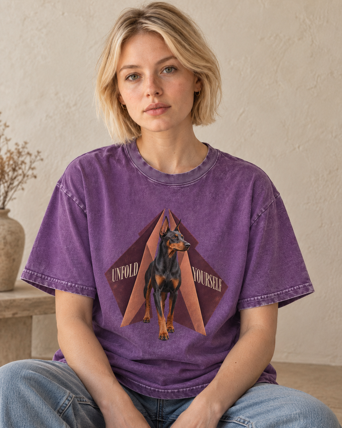 Adult model wears Purple Doberman Unfold Yourself Geometric Portrait washed T-shirt in a seated indoor portrait