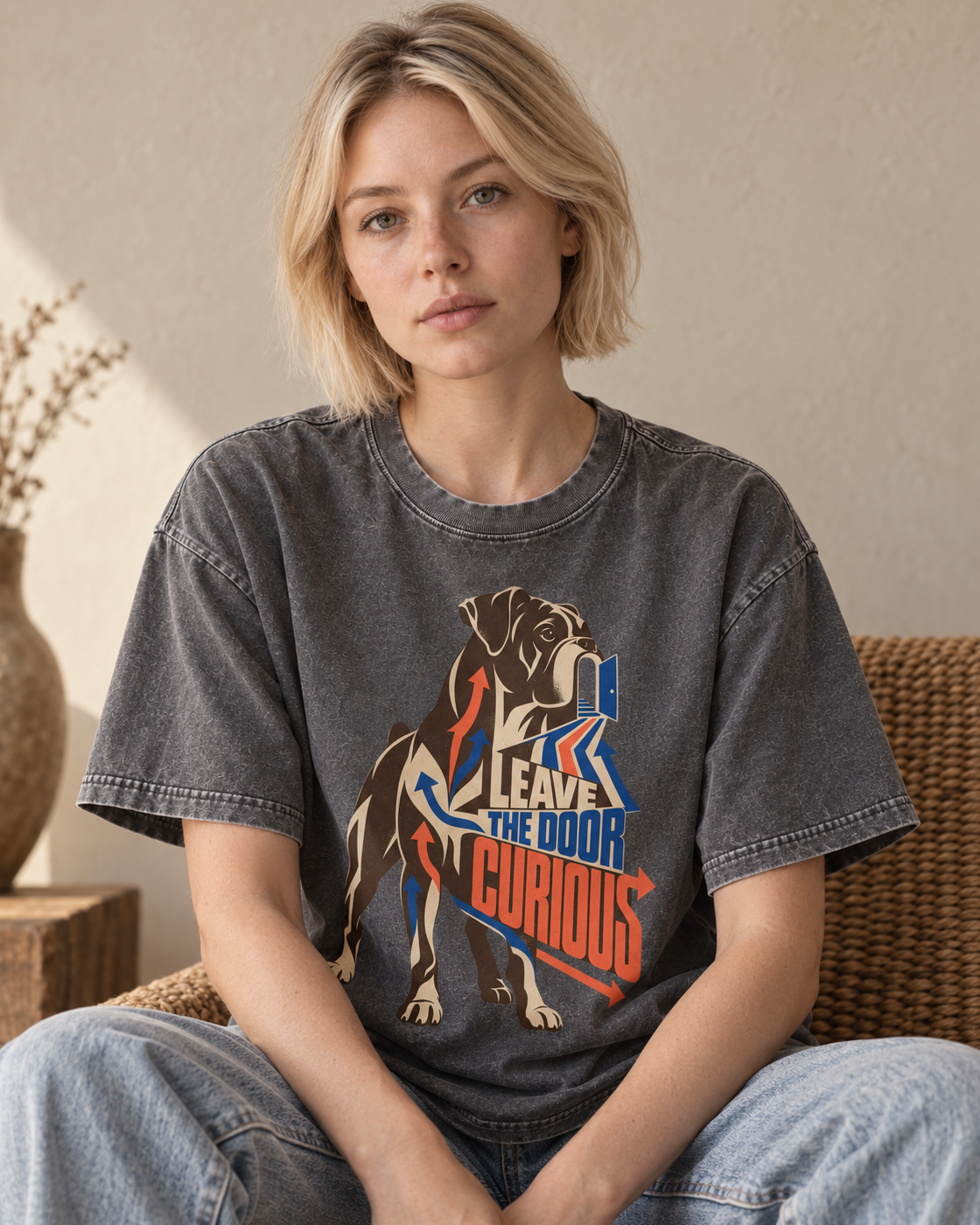 Adult model wears Gray Boxer Leave the Door Curious Doorway Arrow washed T-shirt in a seated indoor portrait