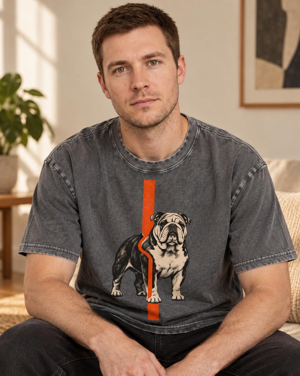 Adult model wears Gray English Bulldog Orange Offset Line washed T-shirt in a seated indoor portrait